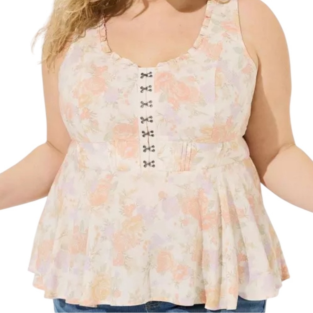 Torrid White with Coral/Purple Floral Babydoll Challis Corset Sleeveless Top